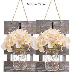 Rustic Grey Mason Jar Sconces for Home Decor, Decorative Chic Hanging Wall Decor Mason Jars with LED Strip Lights, 6-Hour Timer, Silk Hydrangea, Iron Hooks for Home & Kitchen Decorations [Set of 2]