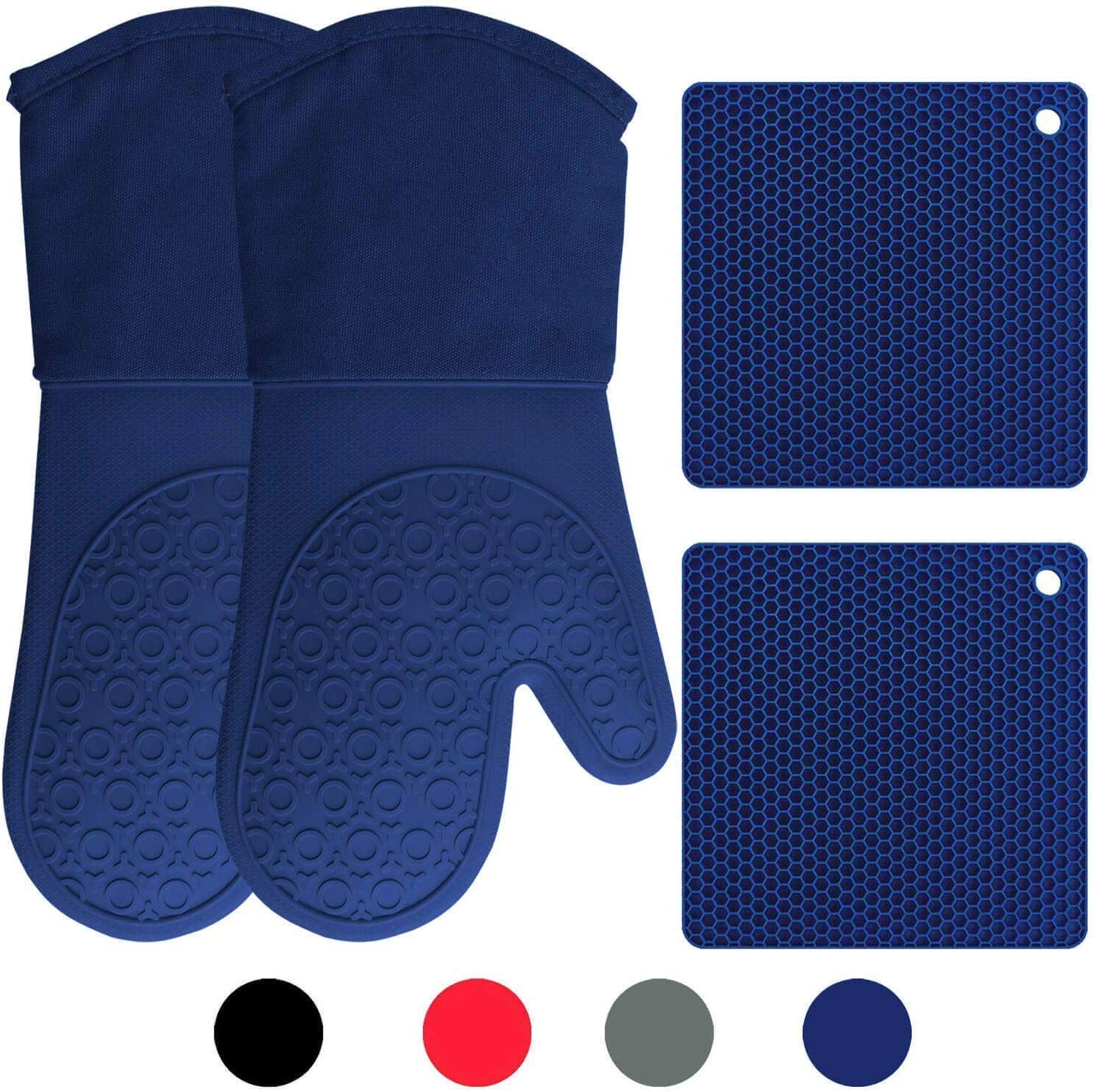 Gorilla Grip Heat and Slip Resistant 4 Piece Silicone Oven Mitt and Trivets  Set, Waterproof, Cotton Lined Gloves, BPA-Free, Long Cooking Mitts and